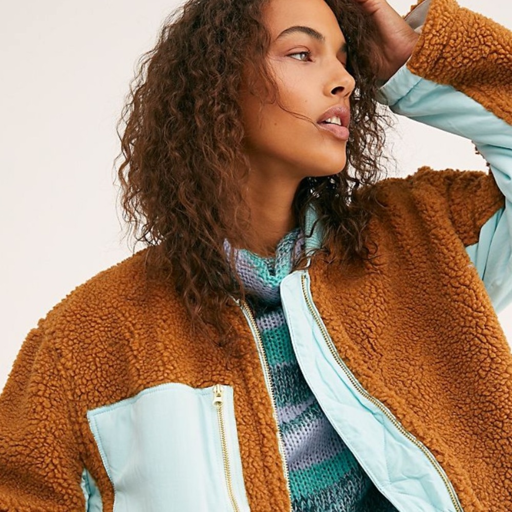 Free People Two-Tone Teddy Jacket in Camel and Light Blue